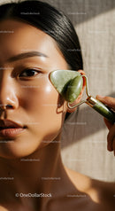 Close Up of Woman Using Jade Roller for Facial Massage Skincare