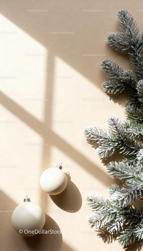 Frosted pine branches and white Christmas ornaments