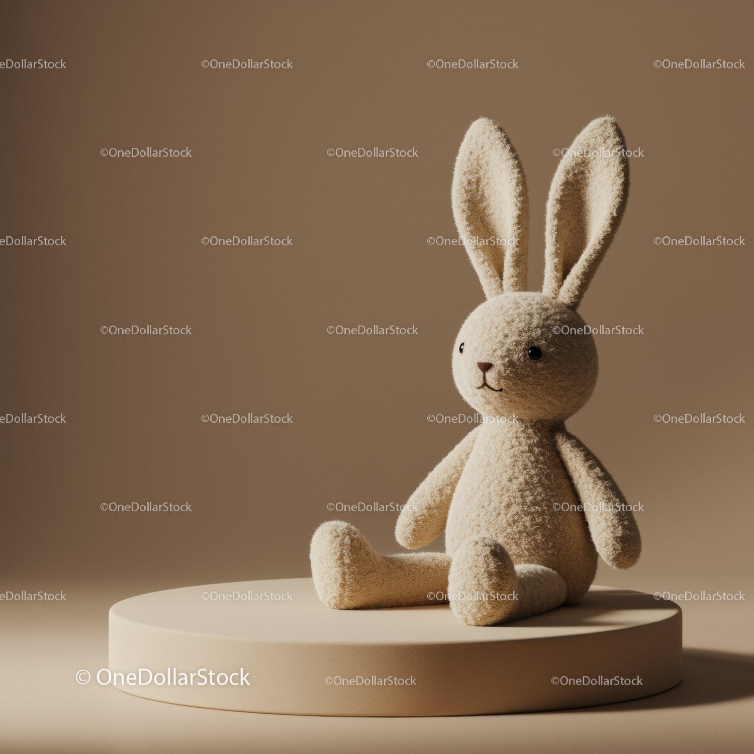 Soft Toy Bunny Sitting on Round Pedestal with Warm Lighting
