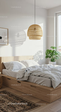Cozy bedroom with natural light and green plant