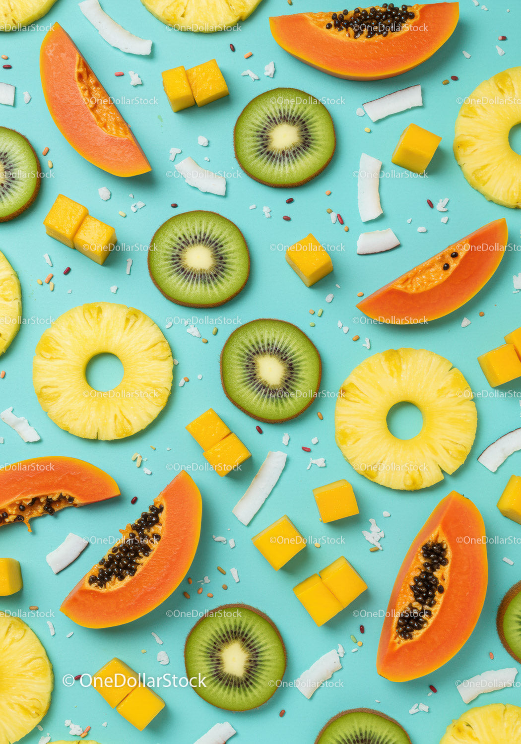 Tropical summer fruits slices arranged on blue background