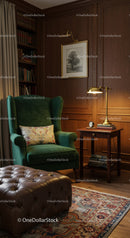 Cozy reading nook with vintage armchair and warm lighting