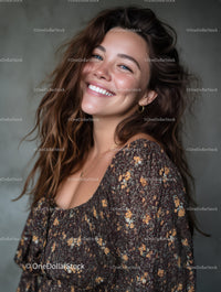 Bright Smiling Woman in Floral Dress with Joyful Expression