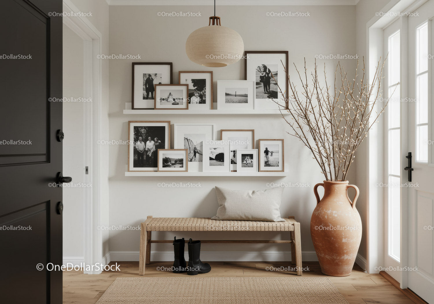 Cozy modern entryway with rustic vase and photo gallery