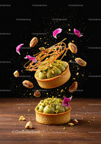 Pistachio tarts with caramel and rose petals in motion