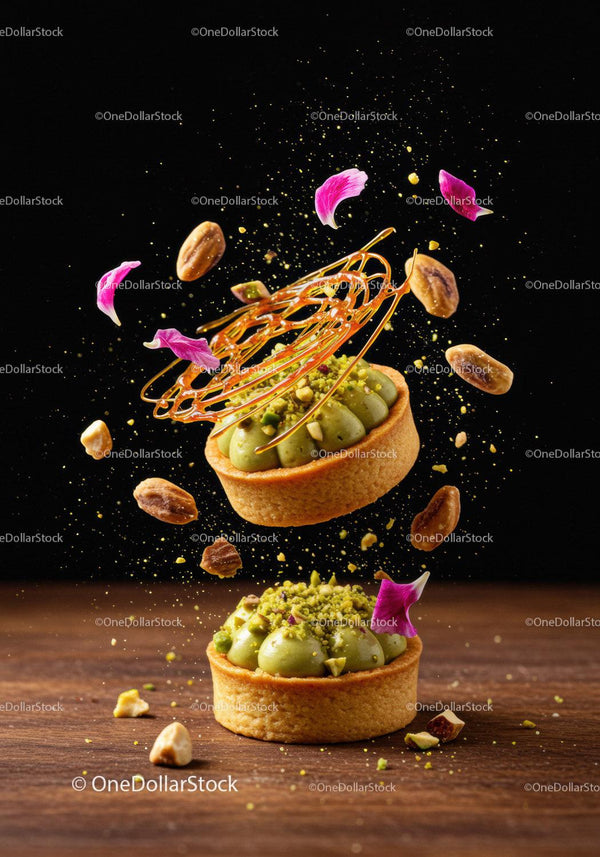 Pistachio tarts with caramel and rose petals in motion