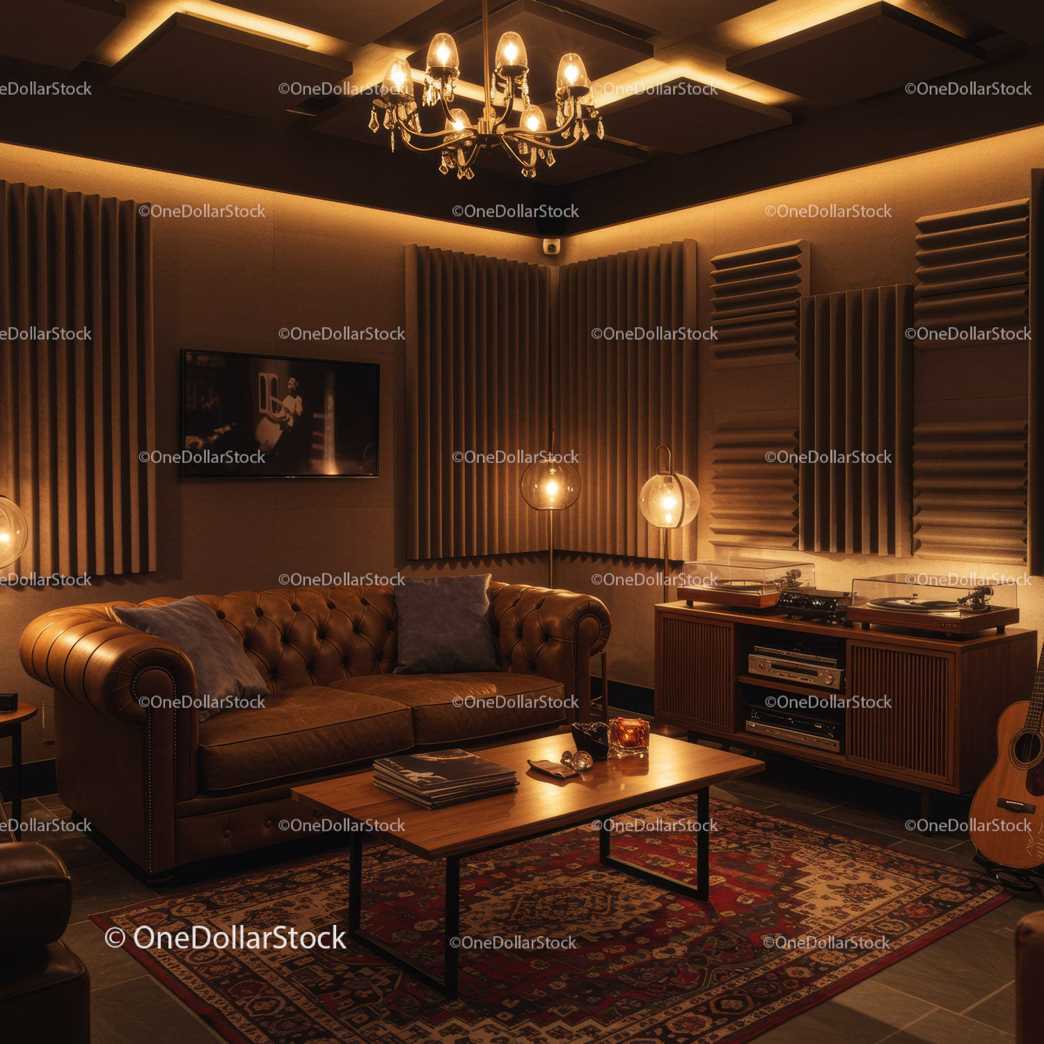 Cozy vintage living room with leather sofa and audio setup