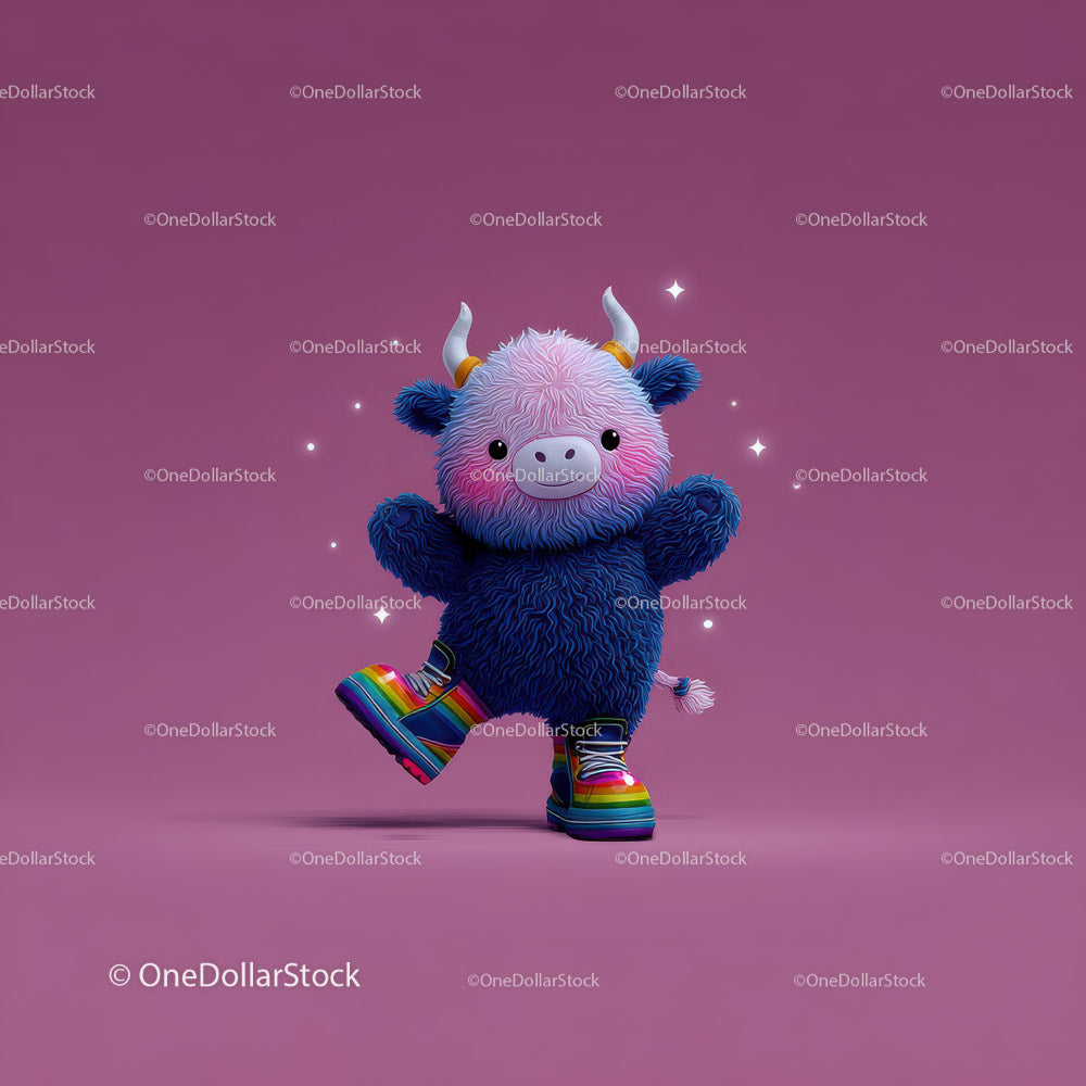 Cute Cartoon Yak Character with Rainbow Shoes in Vibrant Digital Art