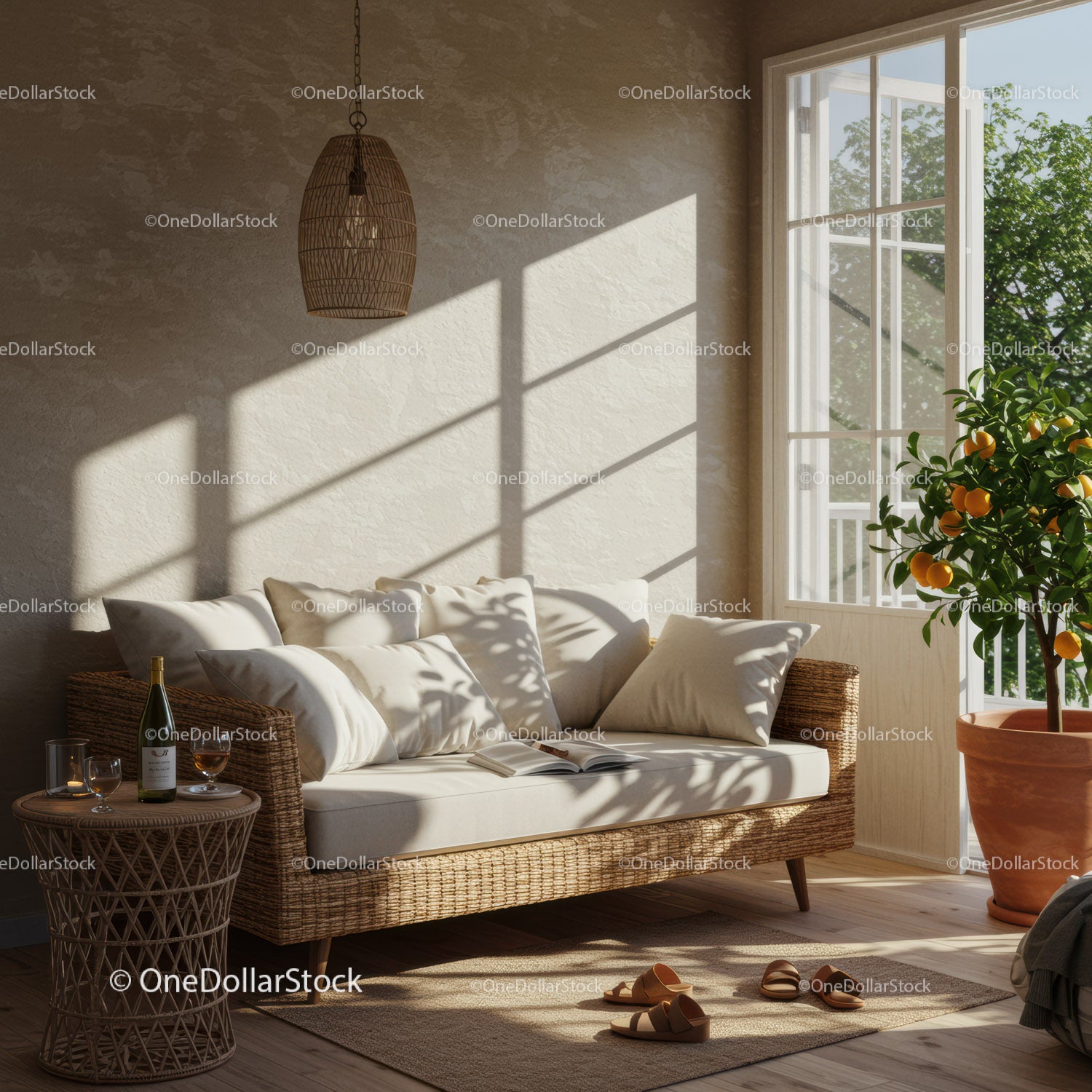 Przytulna sofa rattanowa oświetlona ciepłym, naturalnym światłem