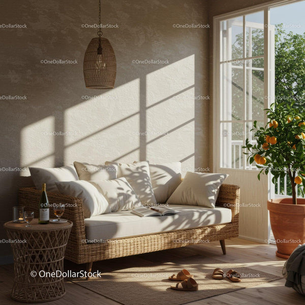 Cozy Rattan Sofa Illuminated by Warm Natural Light
