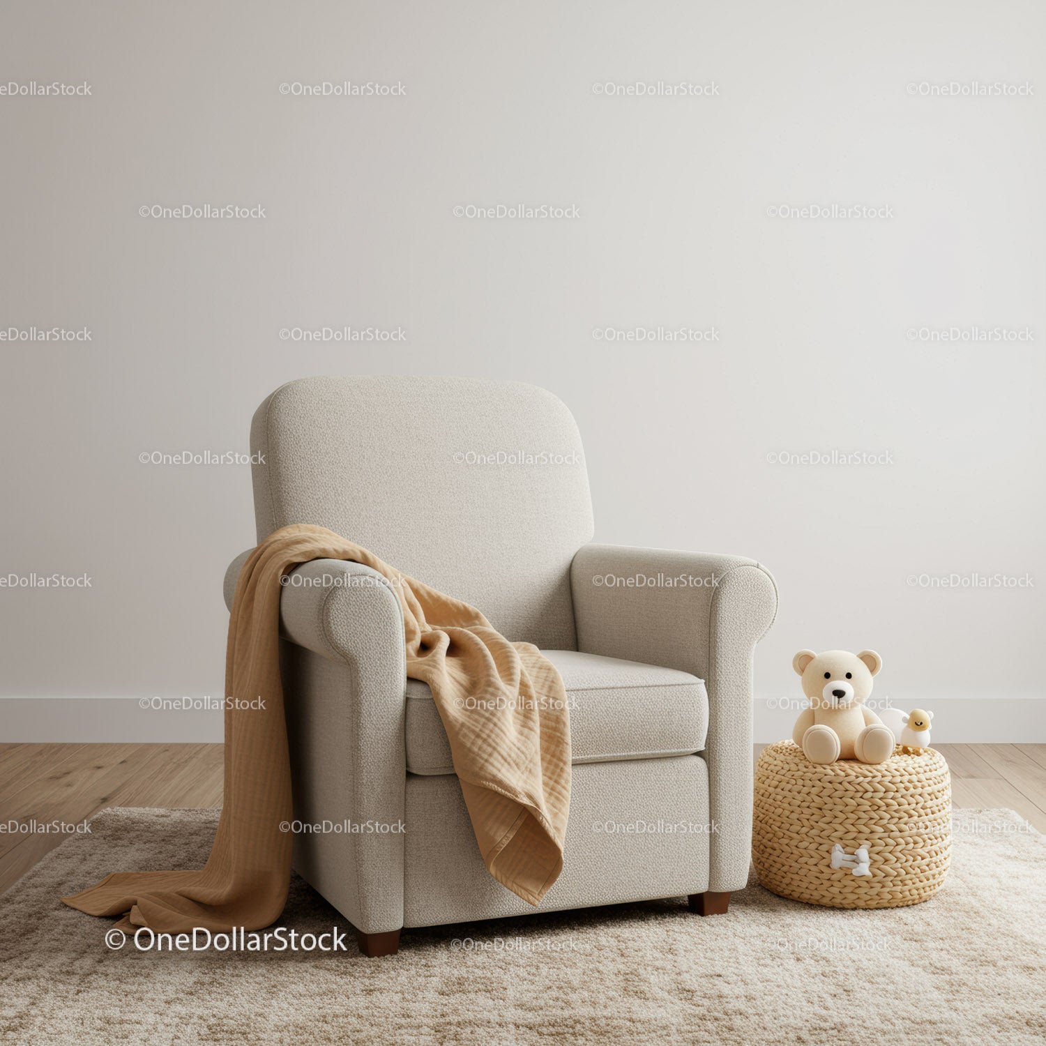 Cozy armchair with blanket and plush toys in neutral room