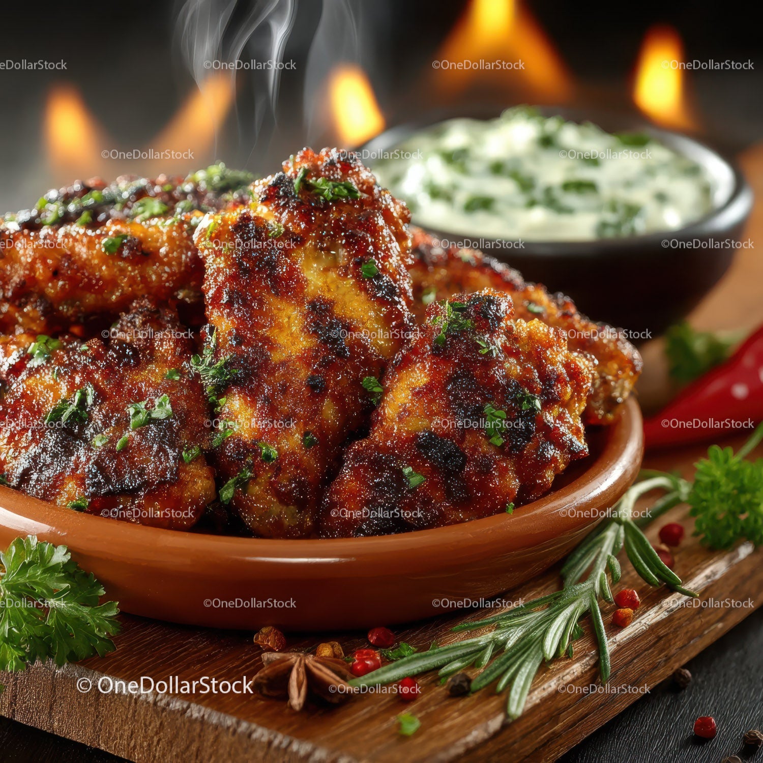 Spicy Buffalo Chicken Wings with Fresh Herbs and Dipping Sauce