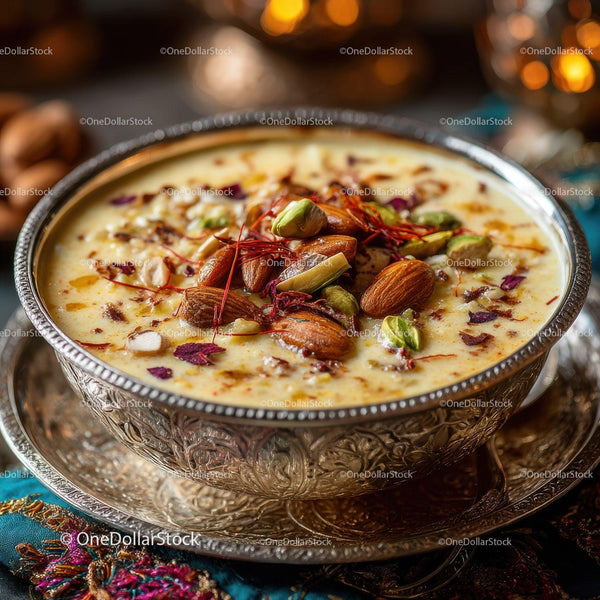Decorative Indian Saffron and Nut Garnished Dessert in Silver Bowl
