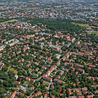 Aerial View of Green and Red Roofs in Urban Residential Neighborhood
