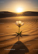 Delicate flower blossoming in vast desert at sunset