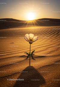Delicate flower blossoming in vast desert at sunset