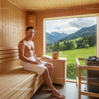 Relaxing Man Sitting in Wooden Sauna Cabin with Mountain View