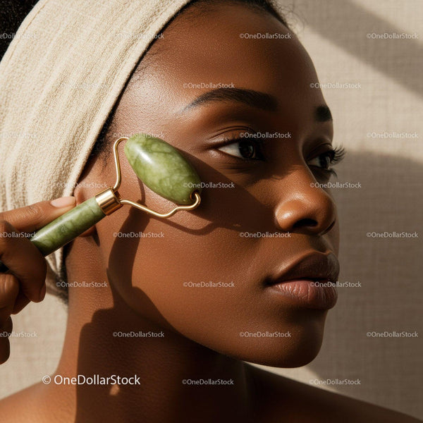 African Woman Using Jade Roller for Skin Rejuvenation