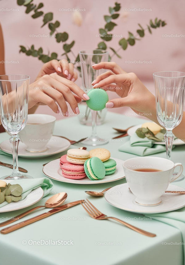 Elegant pastel macarons and tea setup with stylish tableware
