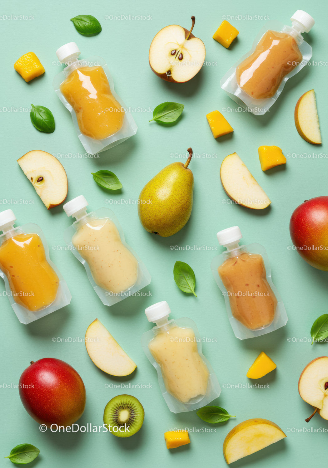 Fresh Fruit Purees in Pouches with Sliced Fruits and Leaves