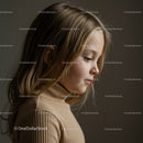 Young girl in beige turtleneck looking thoughtfully down
