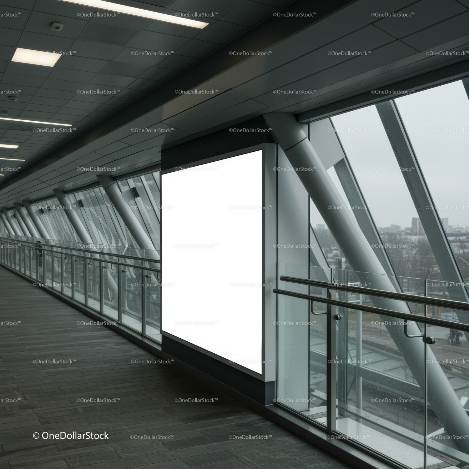 Modern corridor with large blank advertising display