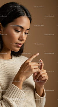 Elegant Young Woman Checking Skin Care Ritual in Cozy Indoor Setting