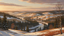 Sunlit Snowy Hills and Meandering River at Sunset
