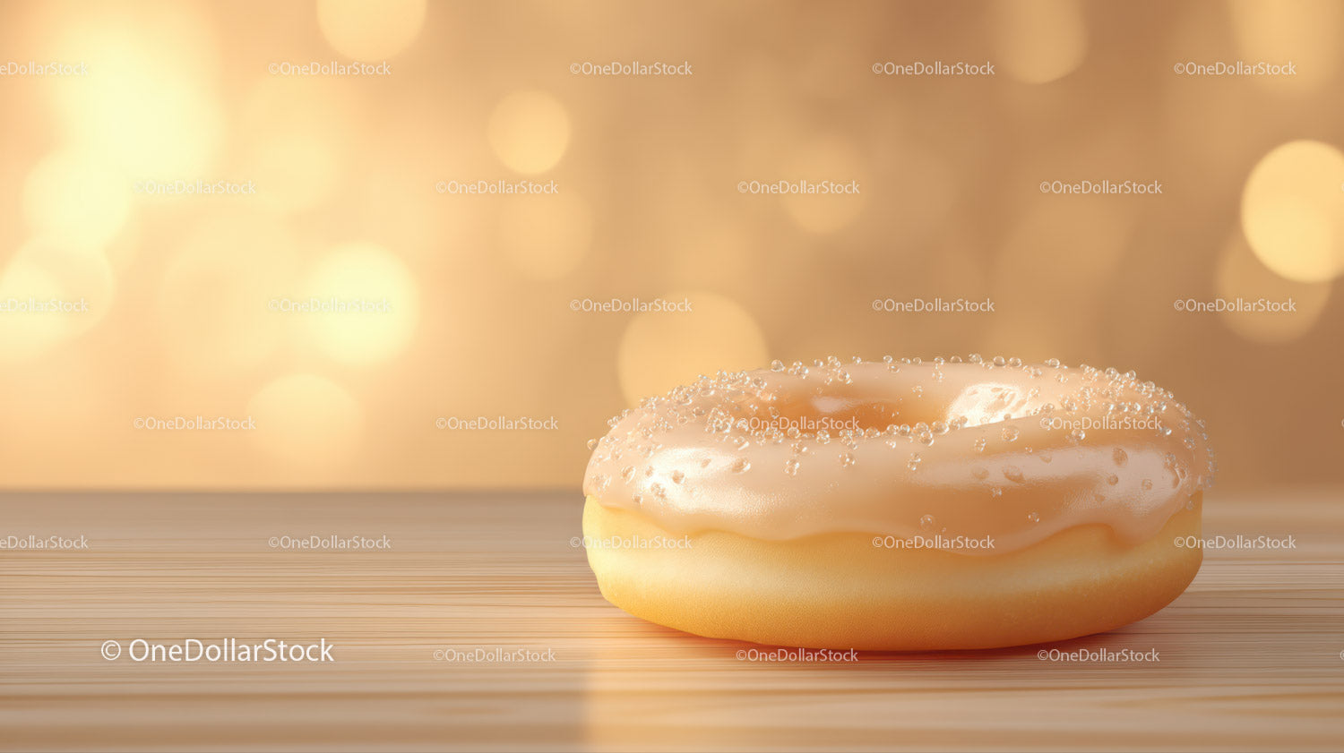 Glazed Sprinkled Donut on Wooden Surface with Warm Bokeh Background