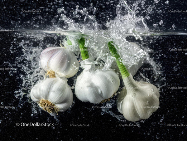 Fresh Garlic Bulbs and Green Onions Splashing Water in Kitchen