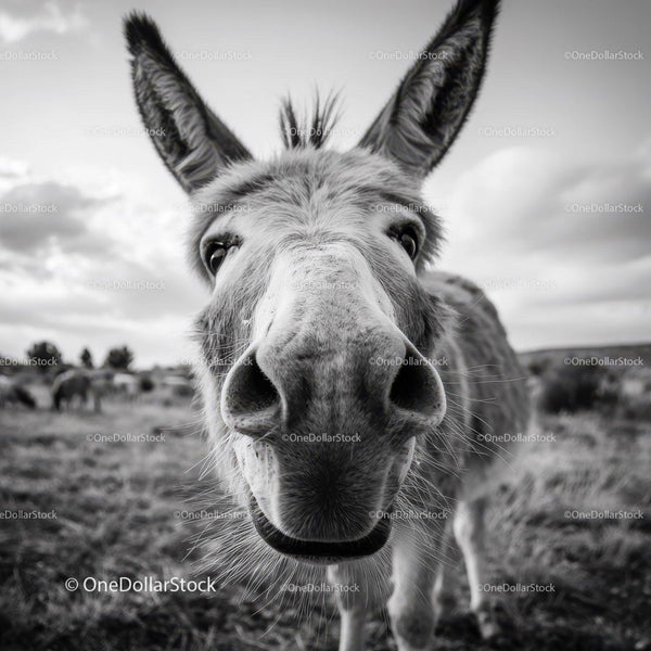 Close-up of a Donkey in a Rural Landscape