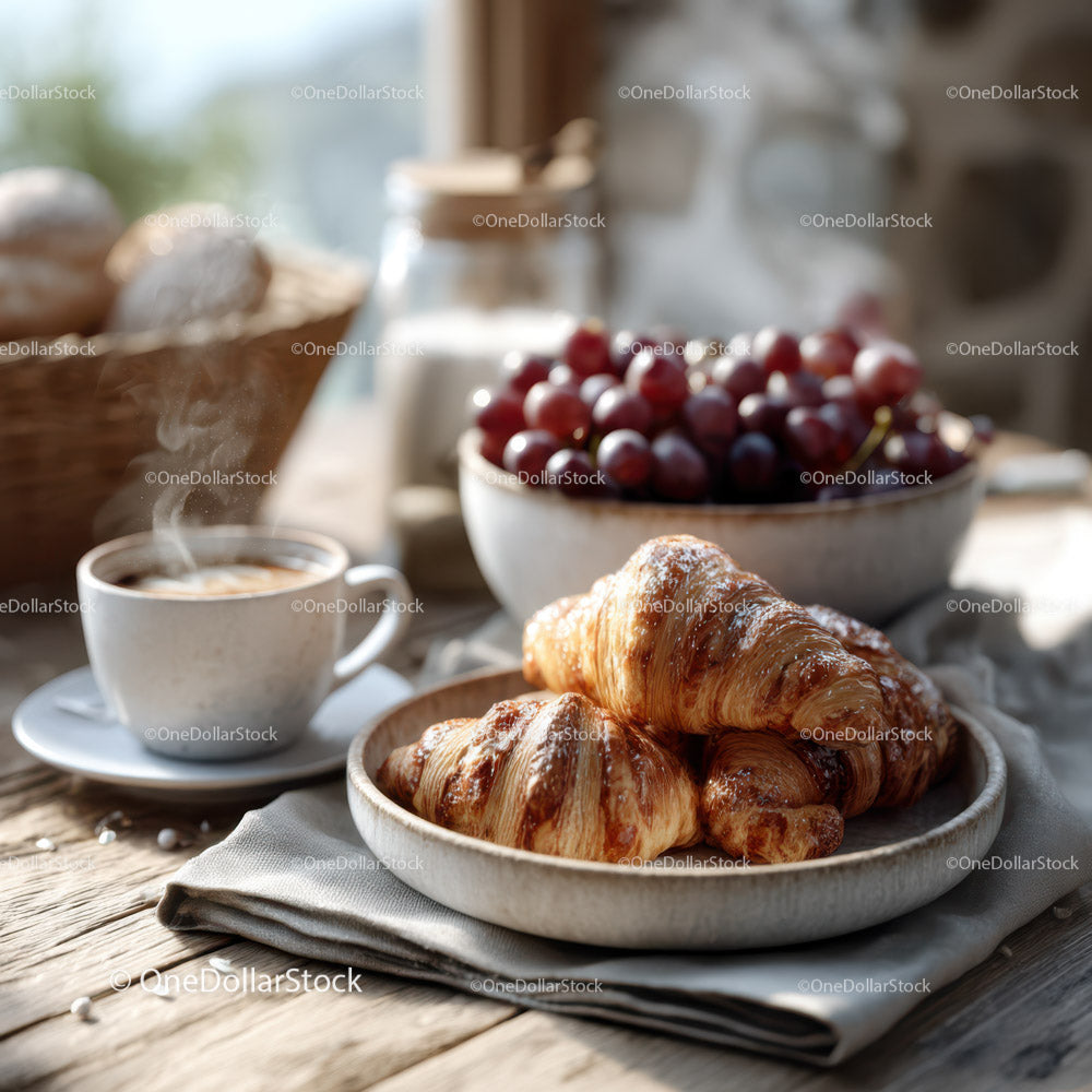 Rustic Kitchen Morning Scene with Croissants Coffee and Fresh Fruit