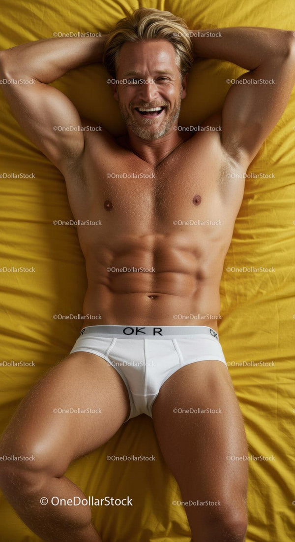 Smiling man relaxing on yellow bed in white underwear