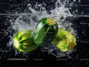 Fresh Green Zucchini with Water Splash in Natural Setting