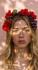 Beautiful Woman Wearing Floral Crown with Red Alstroemeria and Grape Flowers