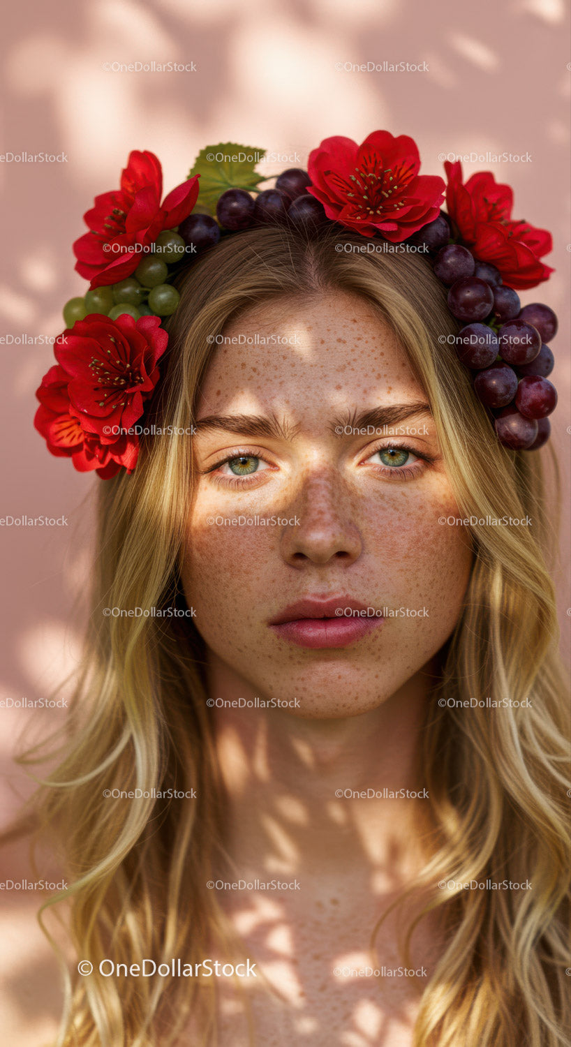 Beautiful Woman Wearing Floral Crown with Red Alstroemeria and Grape Flowers