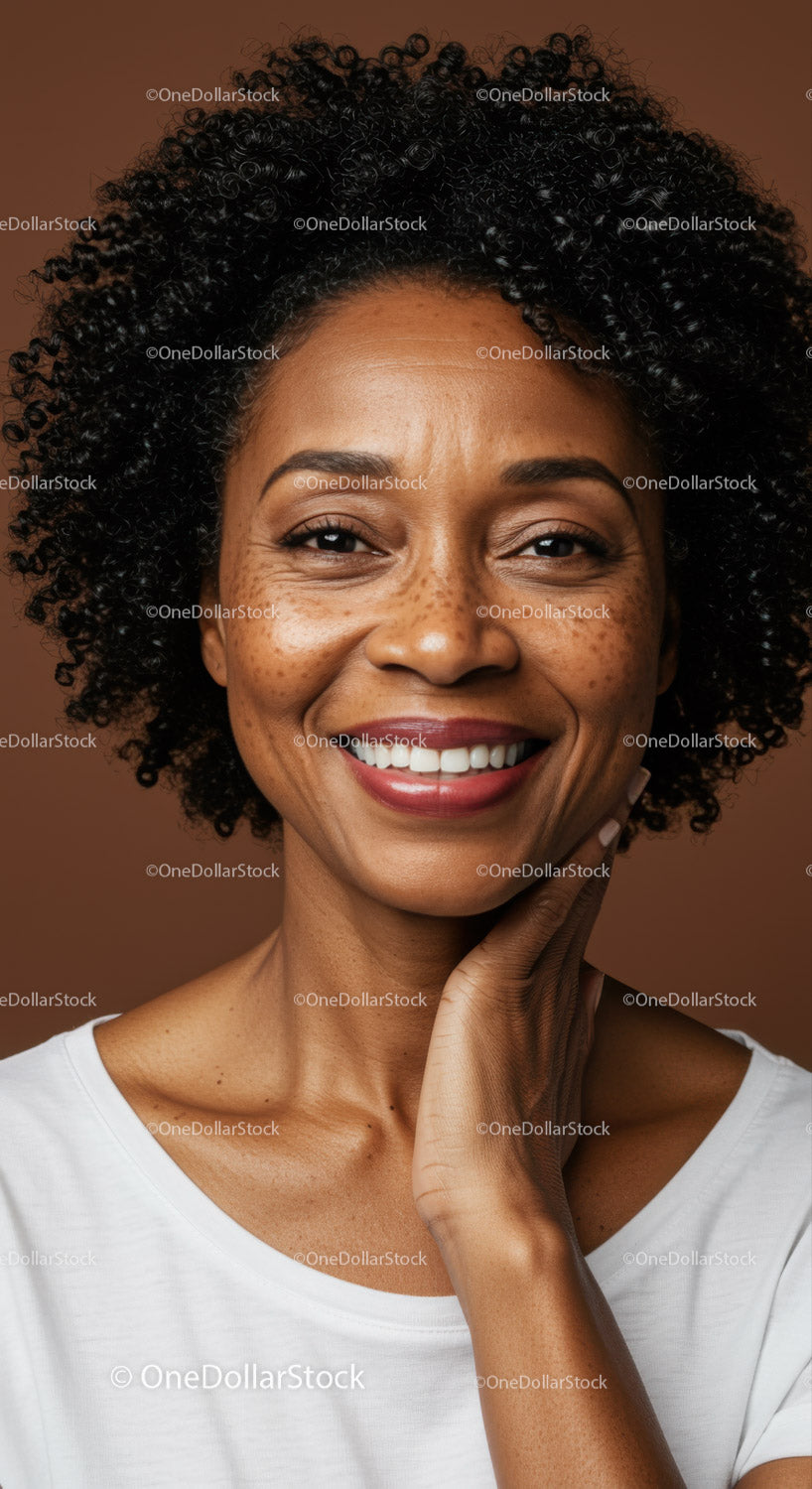 Close-Up Portrait of a Smiling African American Woman with Curly Hair