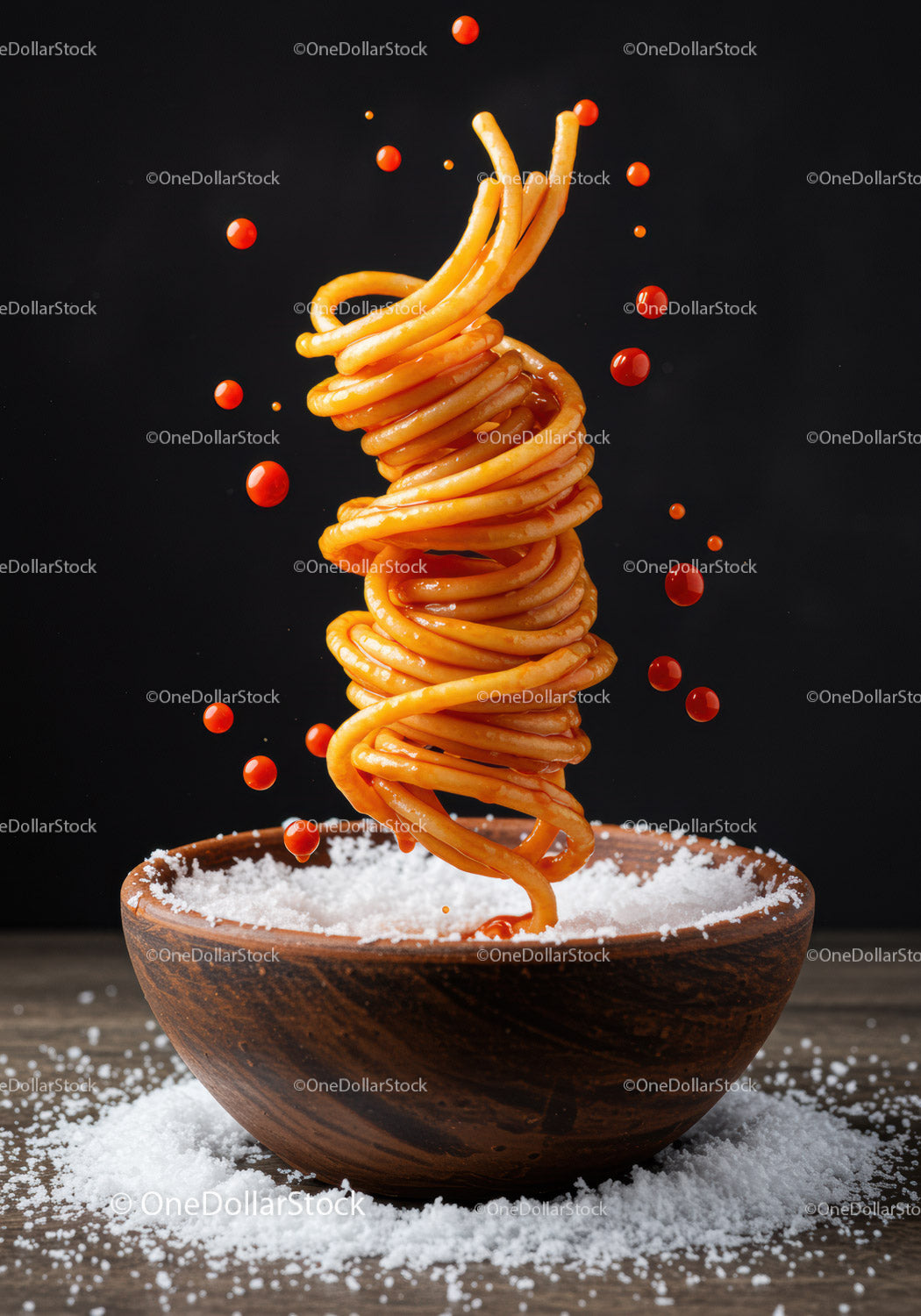 Twisted spaghetti with tomato sauce above salt bowl