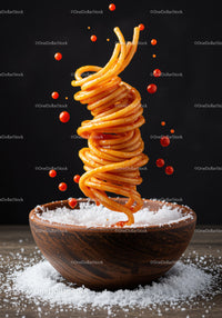 Twisted spaghetti with tomato sauce above salt bowl