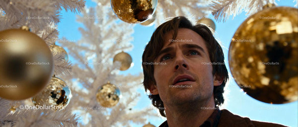 Man Gazing Up at Golden Ornaments on White Christmas Tree