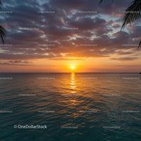 Beautiful Sunset Over Calm Ocean with Tropical Palm Trees