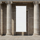 Blank vertical banner between classical stone columns