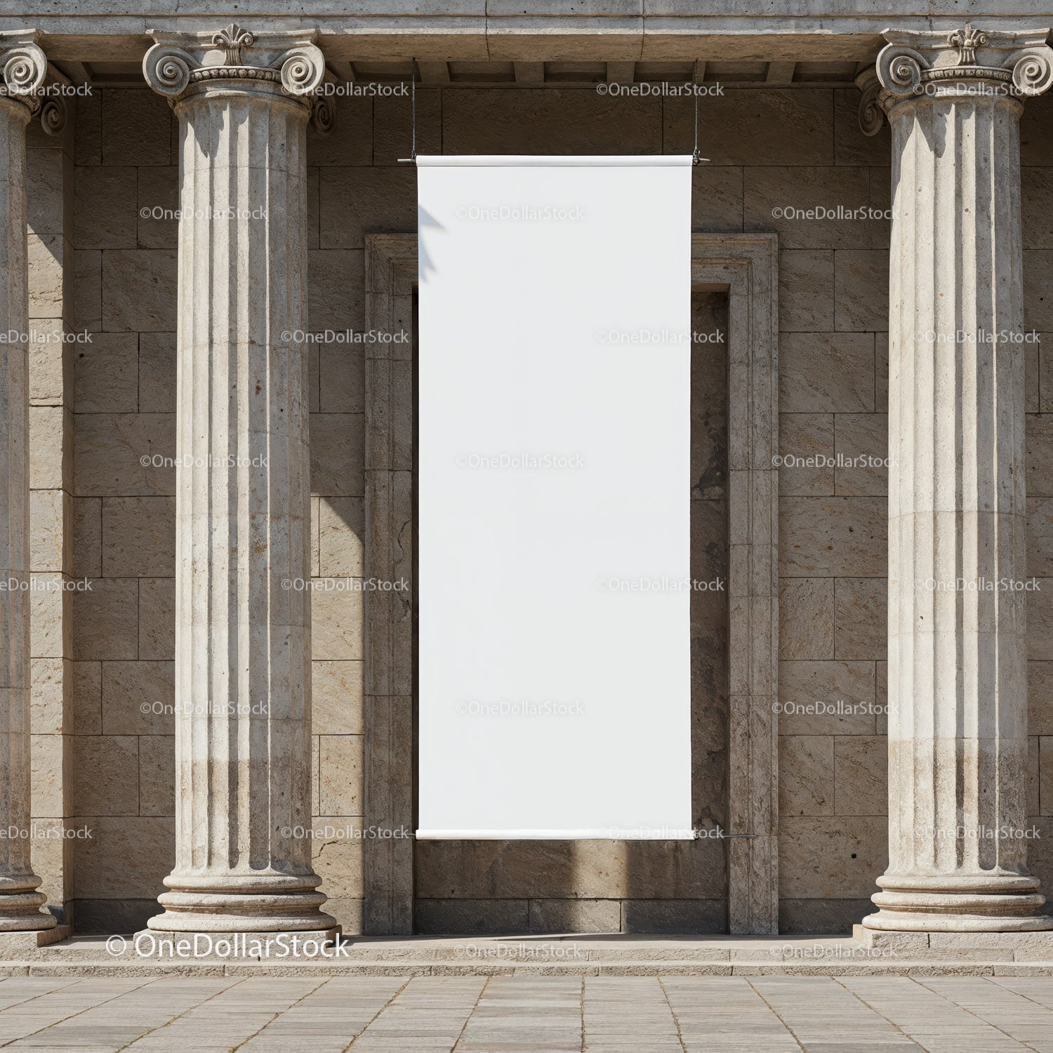 Blank vertical banner between classical stone columns