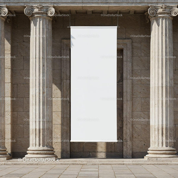 Blank vertical banner between classical stone columns JPG Mockup Image
