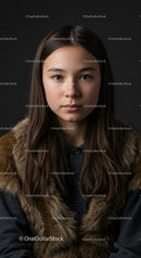 Portrait of a Confident Young Girl with Brown Hair in Fashionable Coat