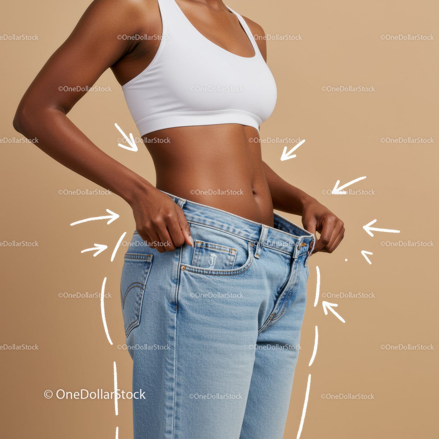 Woman in White Sports Bra Measuring Waist with Loose Jeans for Body Transformation