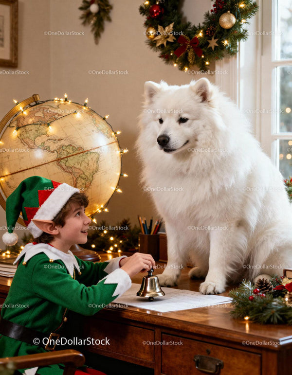 Boy in Elf Costume with White Samoyed Dog by Desk