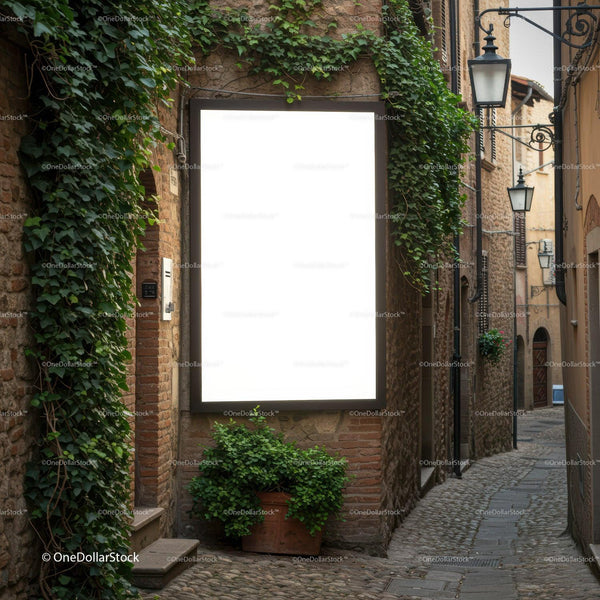 Charming narrow alley with greenery and blank signboard JPG Mockup Image