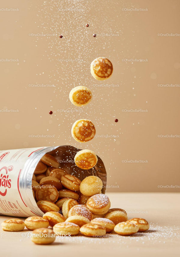 Small pancake cereal spilling out of package with powdered sugar
