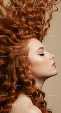 Profile of serene woman with vibrant curly red hair